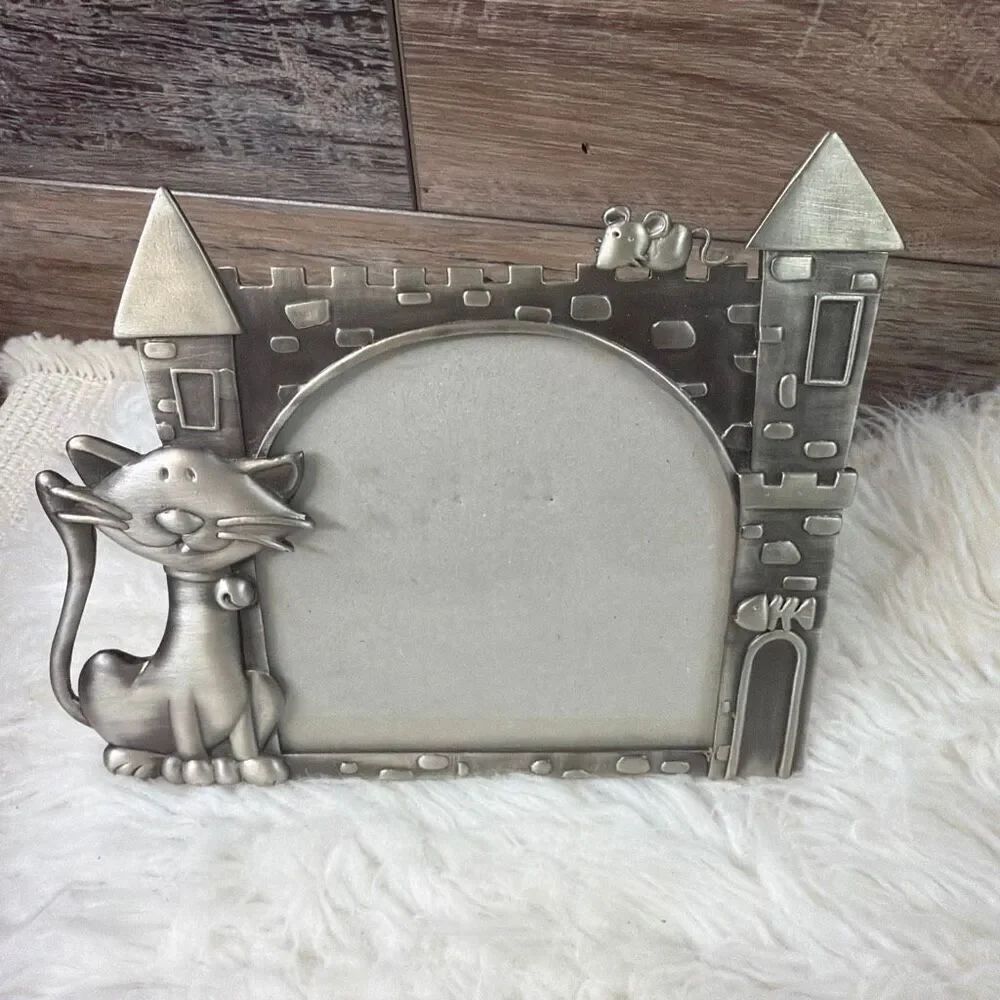 Sonoma Whimsical Kitty Cat with Castle Silvertone Metal Picture Frame 4 x 4 Phot